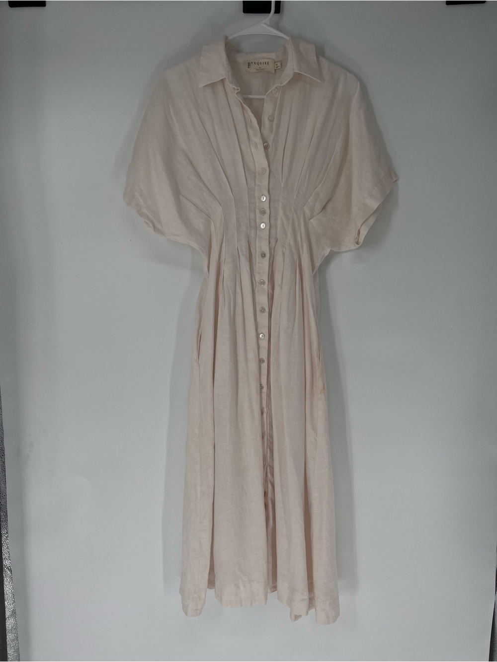Exquise Tobie White Linen Pleated Short Sleeve Button Down Classic Midi Dress SP